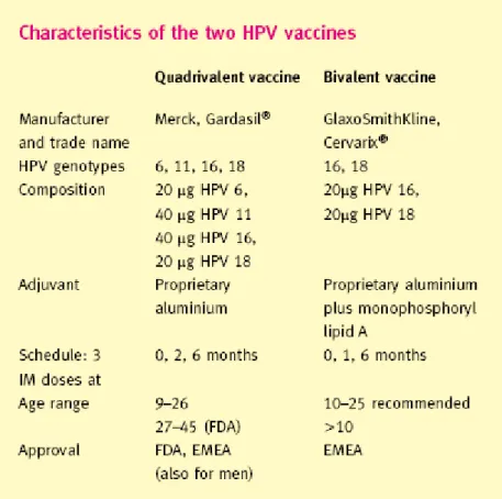 Tabela 6: Características das duas vacinas contra o HPV. (50) 