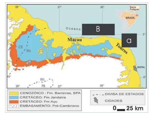 Figura 1 – Mapa geol´ogico simplificado da Bacia Potiguar (RN) com localizac¸˜ao da ´area mapeada em preto