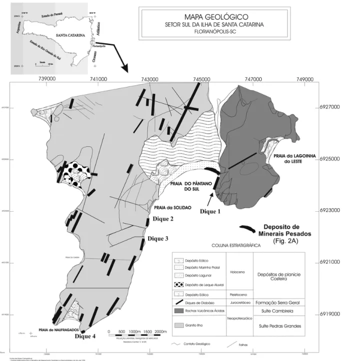 Figura 1 – Mapa geol´ogico do sul da ilha de Santa Catarina (modificado de Tomazzoli &amp; Pellerin, 2001).