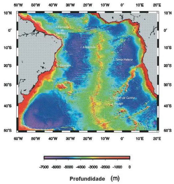 Figura 1 – Mapa Topogr´afico da Cordilheira Mesoatlˆantica Sul. Principais ilhas nomeadas em branco.