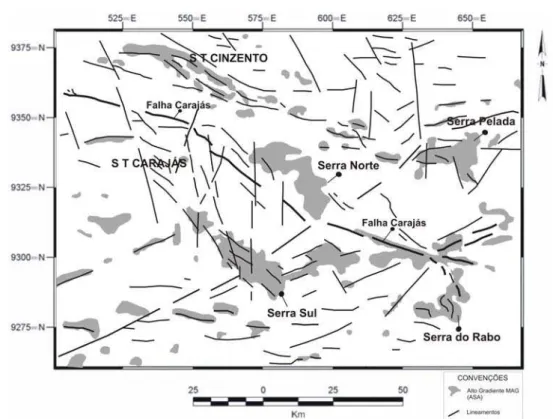 Figura 5 – Mapa de com zonas hom´ologas de alto gradiente magn´etico (amplitude do sinal anal´ıtico) e lineamentos interpretados pela fus˜ao ASA + DEM.