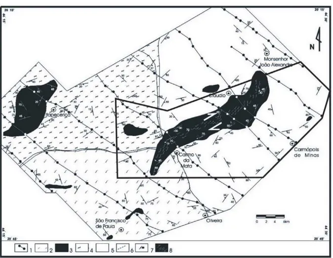 Figura 2 – Mapa pr´evio para ´area de estudo, modificado de Oliveira (1999). Unidades: 1 – M´afica fissural; 2 – Supracrustal; 3 – Unidade gn´aissica de Candeias;