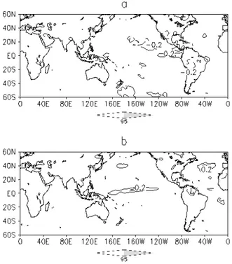 Figura 5 – Campo de correlac¸˜ao entre a s´erie temporal do primeiro (a) e terceiro (b) autovetor das anomalias n˜ao normalizadas da TSM sobre o Atlˆantico Norte (Equador a 40 ◦ N e 70 ◦ W a 0 ◦ ) e as anomalias de ROL entre 60 ◦ S e 60 ◦ N para o per´ıodo