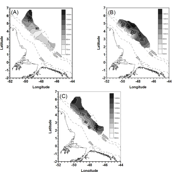 Figura 4 – Distribuic¸˜ao horizontal das profundidades limites entre a AT e a ACAS na PCA e regi˜ao oceˆanica adjacente durante: (A) per´ıodo de descarga m´axima do rio Amazonas (maio de 1999); (B) per´ıodo de transic¸˜ao entre descarga m´axima para m´ınim