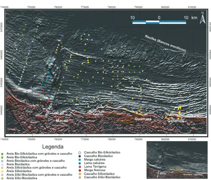 Figura 2 – Amostras de sedimentos analisadas plotadas sobre imagem Landsat ressaltando o fundo marinho