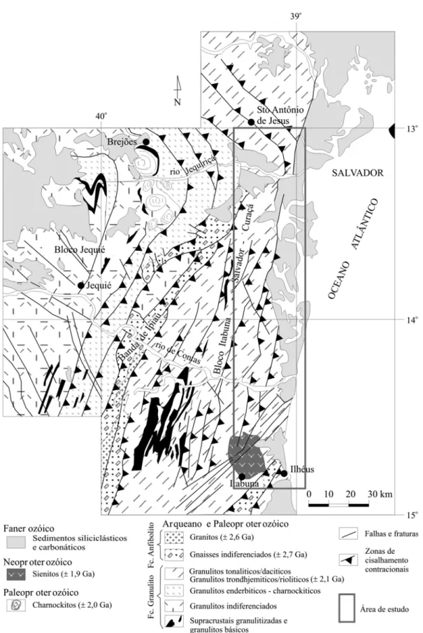 Figura 1 – Mapa geol´ogico simplificado da regi˜ao granul´ıtica do sudeste da Bahia, com indicac¸˜ao da ´area de trabalho