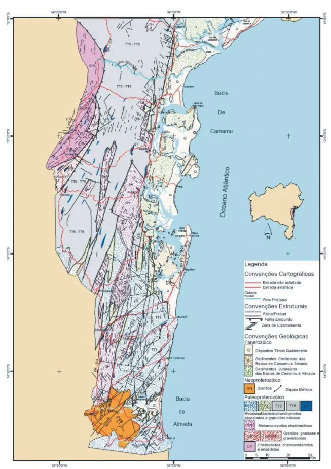 Figura 2 – Mapa geol´ogico do embasamento adjacente `as bacias de Camamu e Almada de acordo com Sapucaia (2004).