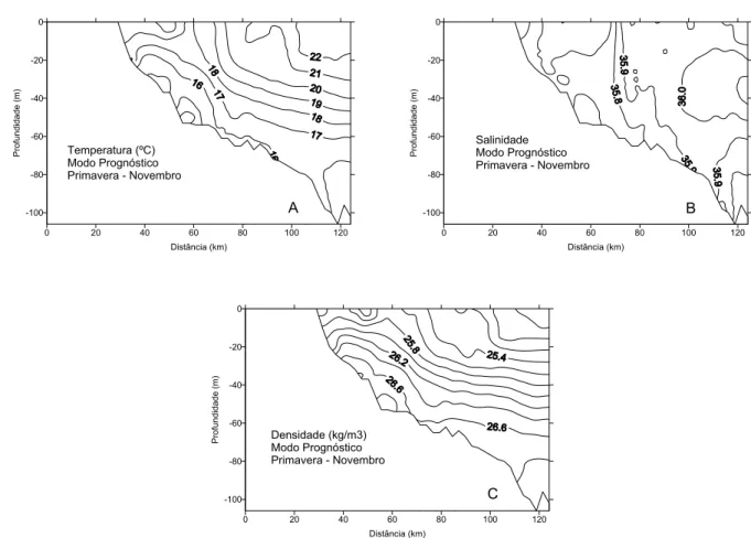 Figura 10 – Distribuic¸˜ao vertical da temperatura (A), da salinidade (B) e da densidade convencional (C) na PCI ao sul do Canal de S˜ao Sebasti˜ao