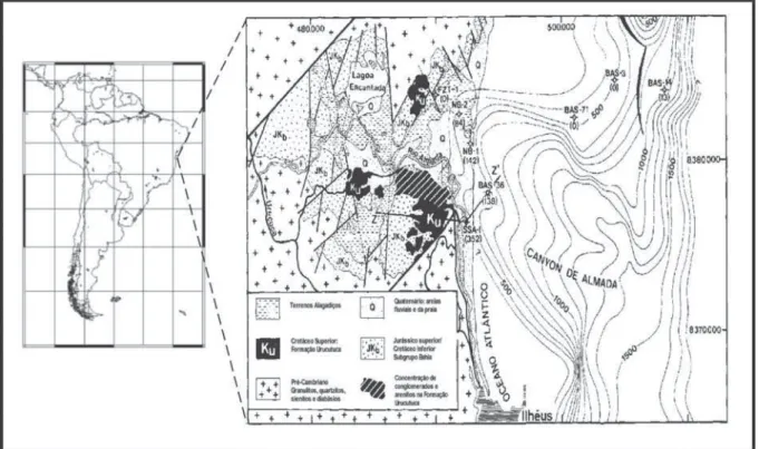 Figura 1 – Localização da área estudada. A geologia é mostrada no painel a esquerda. Modificada de (BRUHN; MORAES, 1989).