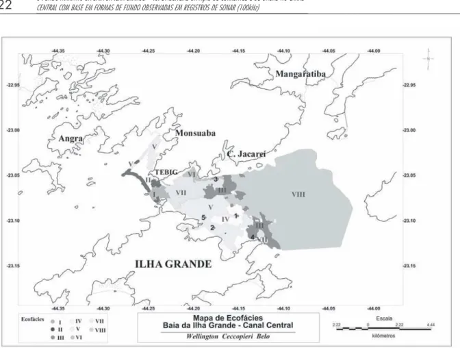 Figura 4 – Ecofácies da porção centro-leste do canal central da baía da Ilha Grande: (I) – Lama terrígena; (II) – Areia litobioclástica média;