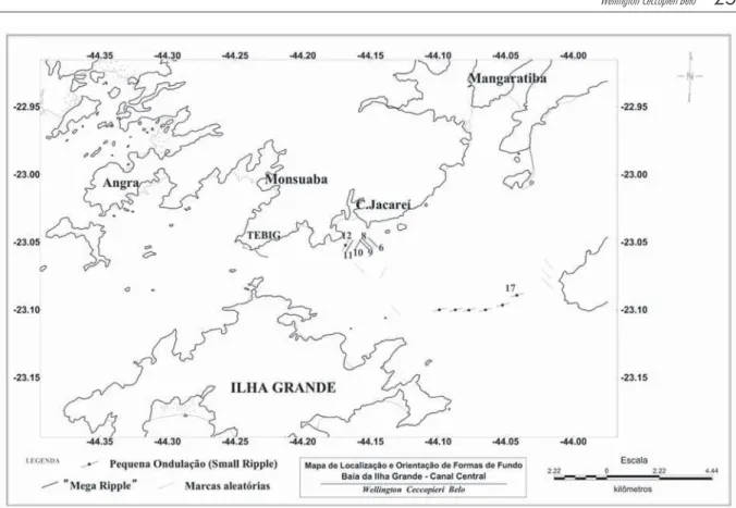 Tabela 1 – Características das formas de fundo observadas com sonar de varredura lateral (100kHz) nas campanhas de maio de 1999 1  e setembro de 2000 2 , na região centro-leste do canal central da baía da Ilha Grande