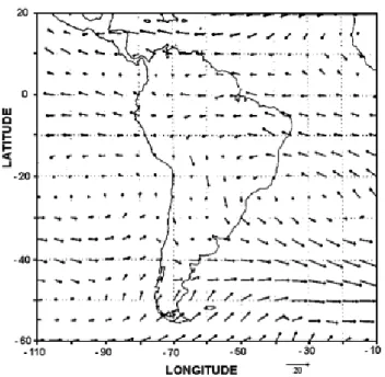 Figura 2 - Distribuição típica do vetor vento médio (m s -1 ) para julho, em 850 hPa, segundo Satyamurti et al