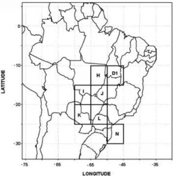 Figura 8 - Mapa do Brasil com a subdivisão da área do corredor de circulação de massas de ar em células de 5 0  x 5 0 , designadas pelas letras D1, H, I, J, K, L e N.