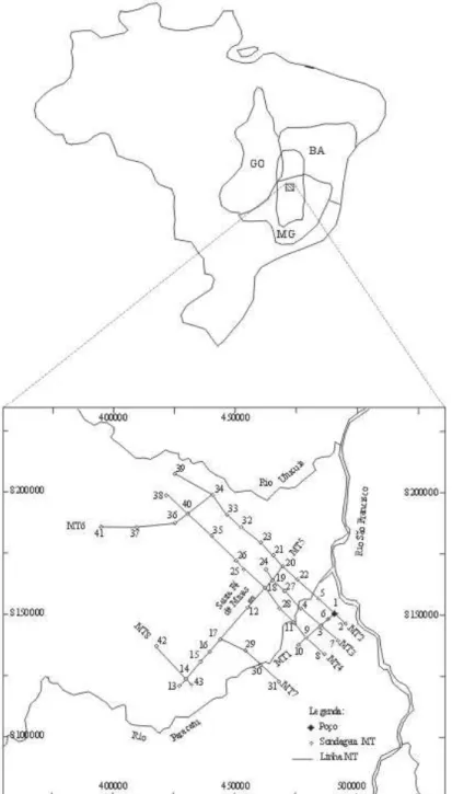 Figura 1 - Área do levantamento e localização das sondagens MT.         Figure 1 - Area of survey and localization of MT soundings.