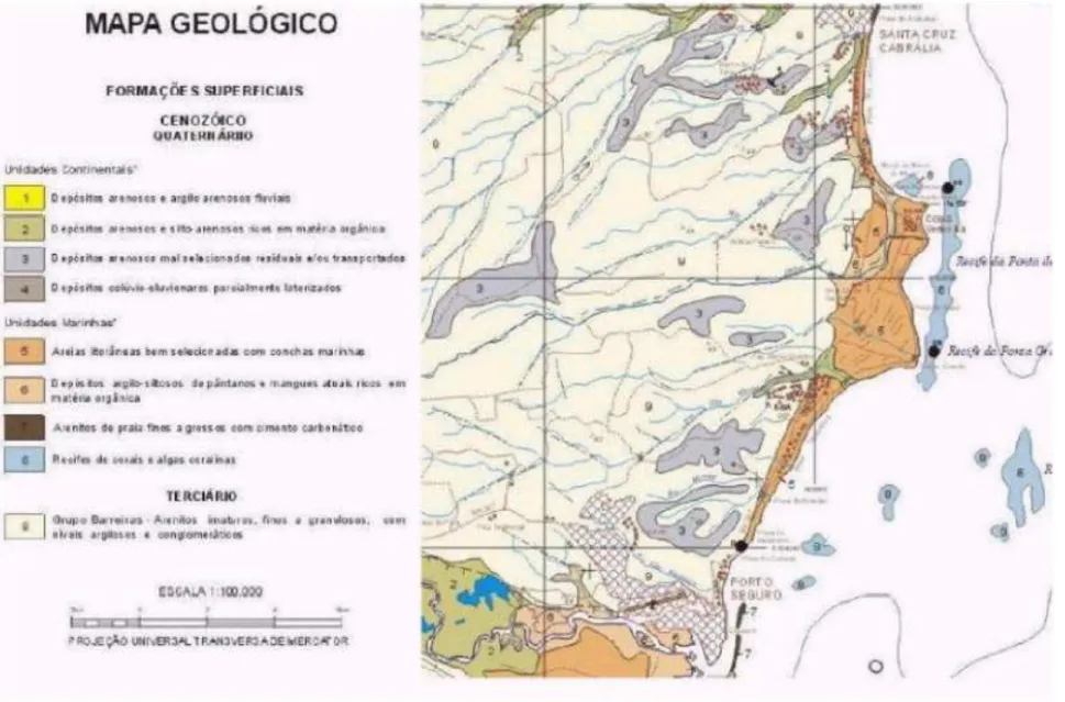 Figure 1 - Mapa geológico da região de Porto-Seguro.                                                                Figure 1 - Geological map of the Porto Seguro region.