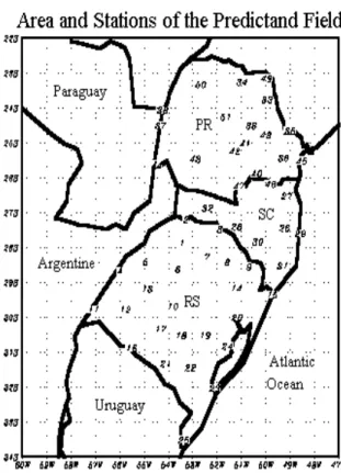 Figura 2 - Localização das 51 estações meteorológicas usadas como preditando pelo SIMOC para a previsão sazonal de anomalias de precipitação sobre a Região Sul do Brasil.