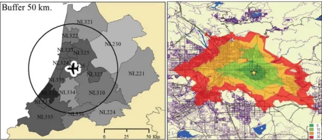 Figure 1: Traditional Catchment Areas: Fixed radius (left); Travel time (right), (Graham A., 2008) 