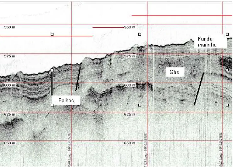 Figura 5. - Registro de 3,5 kHz obtido no talude continental. O registro mostra a presença de falhas e gás nos sedimentos superficiais (Cortesia PEG- Petroleum and Environmental Geo-services).