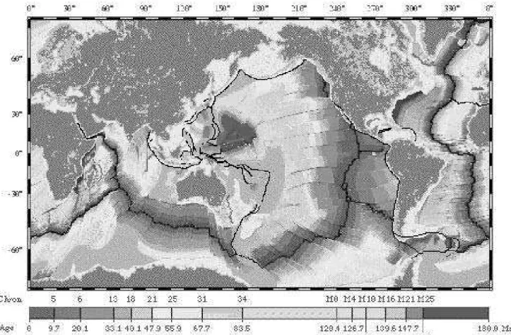 Figura 1 – Mapa global de idade da crosta oceânica com base nos dados do satélite MAGSAT, mostrando as anomalias magnéticas de expansão do fundo oceânico