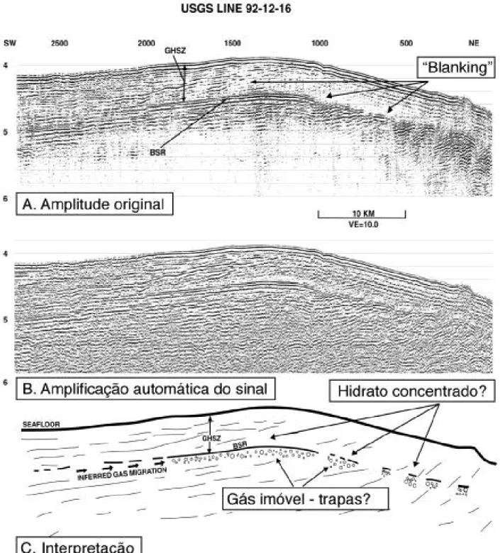 Figura 4 - Secção sísmica mostrando um Refletor BSR típico, e o efeito de redução de amplitudes de refletores dentro da zona de estabilidade de hidratos de gás: a chamada “blanking”