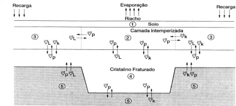 Figura 1 - Modelo geométrico-hidráulico para um aqüífero fissural em rochas cristalinas  ∇ p    ,    ∇ k   e    ∇ L são os gradientes de pressão, de permeabilidade e de coeficiente de acoplamento eletrocinético, respectivamente