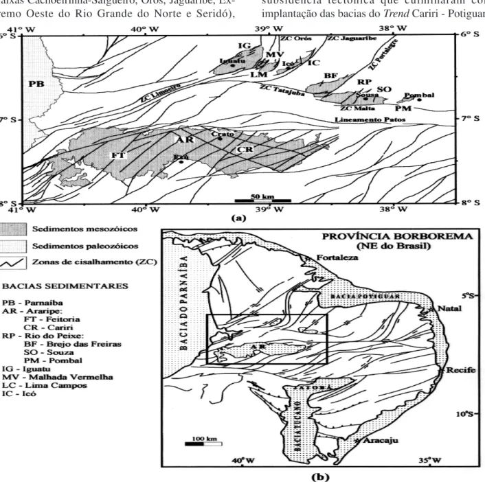 Figura 1- Esboço geológico simplificado (a) e localização geográfica das bacias rifte do Vale do Cariri no contexto da Província Borborema (b)