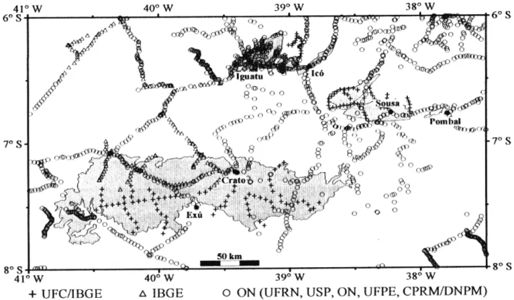 Figura 2- Mapa de localização das estações gravimétricas. Figure 2- Location of gravity stations in the studied area.