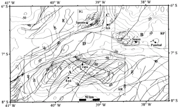 Figura 3- Mapa de anomalias Bouguer das bacias rifte do Vale do Cariri (AR – Araripe; IG – Iguatu, Malhada Vermelha e Icó; e RP – Rio do Peixe), mostrando as principais zonas de cisalhamento proterozóicas
