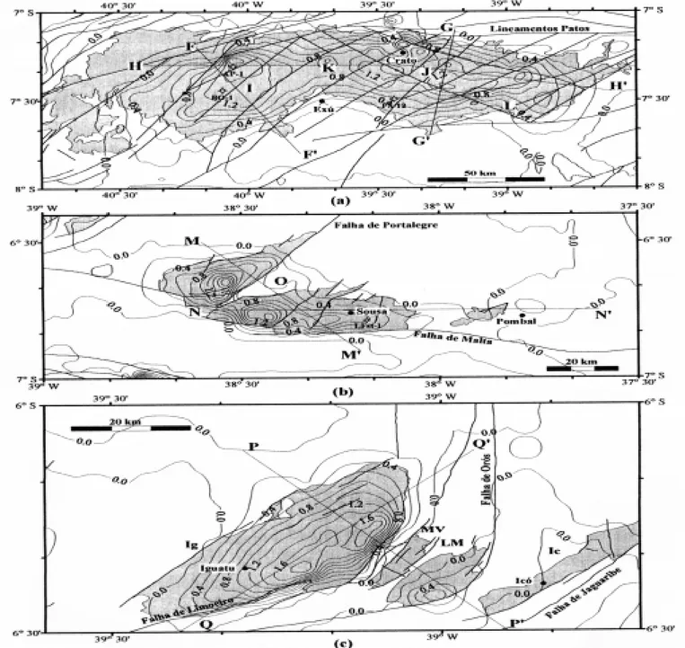 Figure 5-Modelos gravimétricos 3-D das bacias do Vale do Cariri: Bacia do Araripe (a), do Rio do Peixe (b) e bacias de Iguatu (Ig), Malhada Vermelha (MV), Lima Campos(LC) e Icó (Ic) (c)
