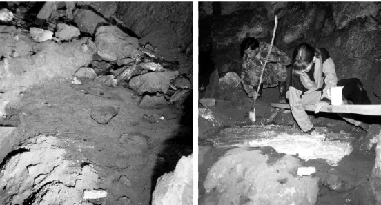 FIGURE 3. Photos of the footprints found inside Bom Santo cave, and of their record by moulding (photos by C