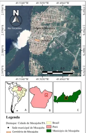 Figura 1. Mapa da área de estudo (retângulo vermelho) correspondente ao cemitério municipal de Mocajuba  (Pará, Brasil)