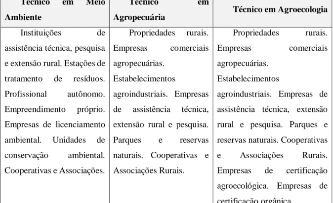 Tabela 2 – Campo de atuação profissional dos cursos técnicos em Meio Ambiente, Agropecuária e  Agroecologia 