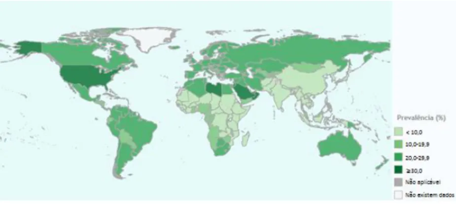 Figura 1 – Prevalência da obesidade mundial em adultos em 2014 [7].  