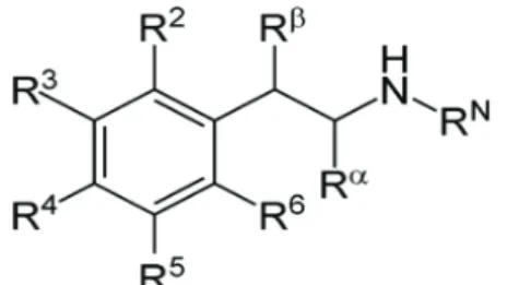 Figure 6. The structure of substituted phenethylamines. Phenethylamine is obtained when  R 2 =R 3 =R 4 =R 5 =R N =R α =R β =H