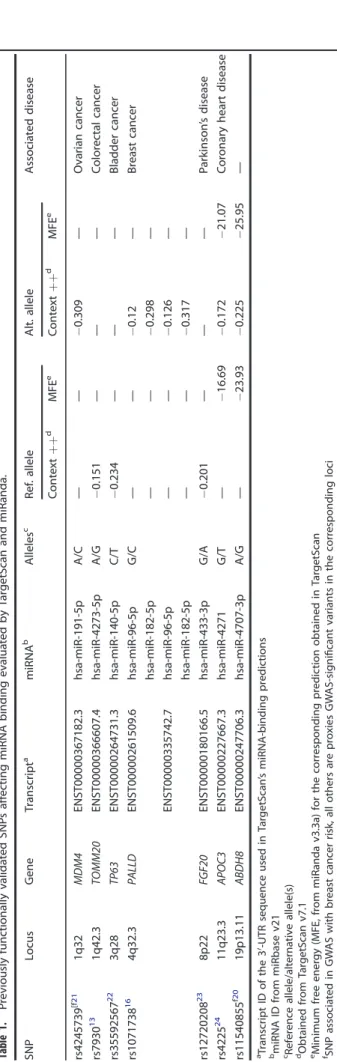 Table S4). Of the 36 raSNPs analysed for differential miRNA binding by TargetScan, allele-speci ﬁ c context ++ scores were generated, which revealed that a total of 311 unique miRNAs had potential targets altered by raSNPs, with an average of nine miRNAs p