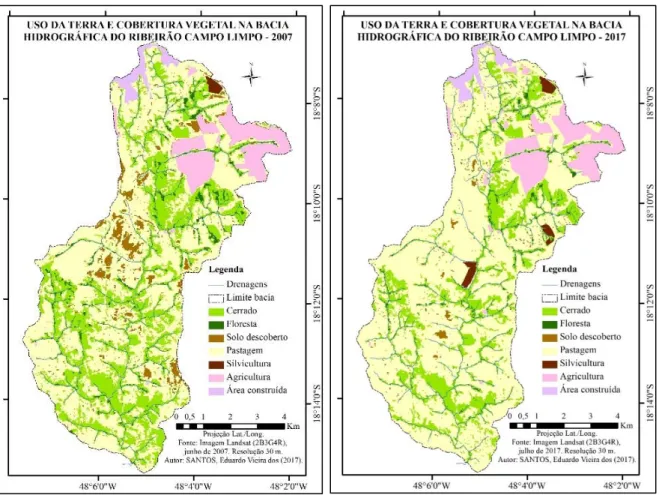 Figura 3 – Uso da terra e cobertura vegetal na bacia hidrográfica do Ribeirão Campo Limpo, Goiás, no ano de  2007 e 2017 