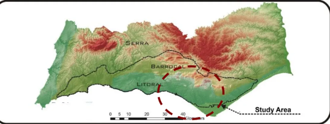 Figure 1 - Regional landscape units for the region of Algarve. The dark red circle represents roughly the study area location (see  also Figure 2)