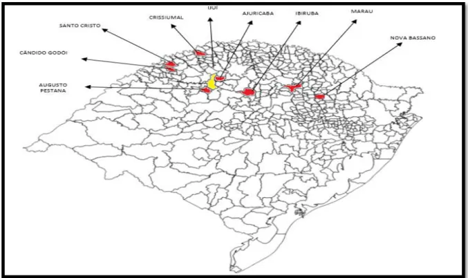 Figura 2: Mapa situacional dos municípios com maior produção de leite no RS 