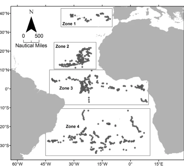 Fig. 1. Location of the longline fishing sets analysed in this study, showing the four areas of operation of the Portuguese longline fleet that were considered for the analysis: Zone 1: temperate NE Atlantic; Zone 2: tropical NE Atlantic: Zone 3: equatoria