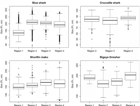 Fig. 3. Size distribution of the four most frequently captured elasmobranch species (n &gt; 1000) per region in the study area