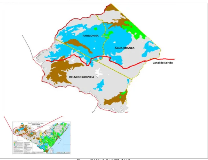 Figura 1 – Canal do Sertão Alagoano nos municípios de Delmiro Gouveia, Pariconha e Água Branca 