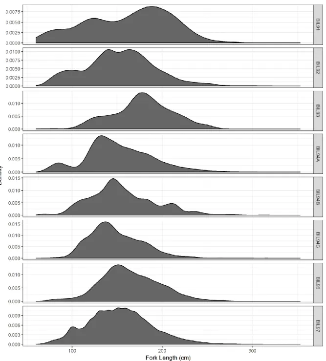 Figure 4. Size-frequency distributions of shortfin mako in the ICCAT sampling areas of the Atlantic Ocean