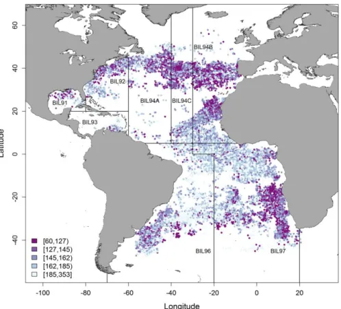 Figure 1. Location and catch size distributions (FL, cm) of the shortfin mako (Isurus oxyrinchus) recorded for  this  study  in  the  Atlantic  Ocean