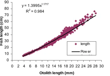 Figure 8. Power regression between fish length and otolith diameter (length) for M. capensis during  biomass survey in 2003 in Namibia
