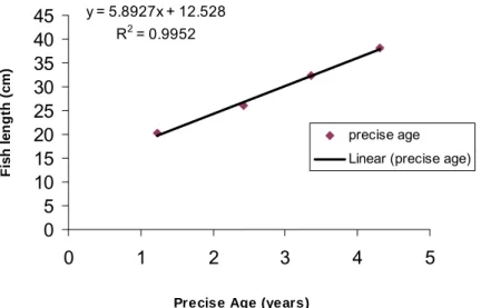 Figure 10. The linear regression plot of back-calculated total fish length against precise age