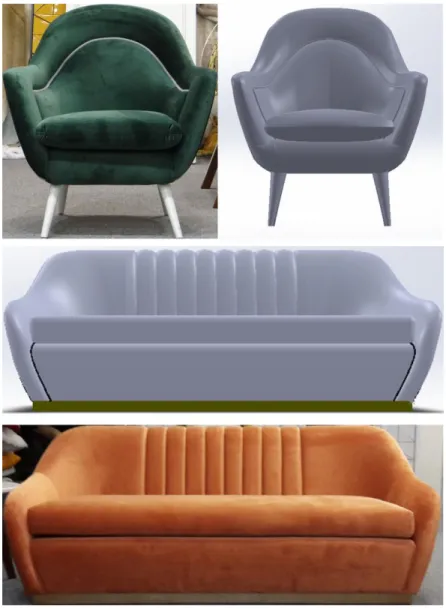 Figura 1.3 - Comparação fotografia de produto e 3D, cadeirão Frida (superior) canapé Gia (inferior)