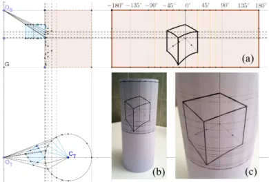 Figure 8: Anamorphosis of a cube onto a cylinder built from orthographic views. b) The rectangle in (a) is cut and rolled into a cylinder