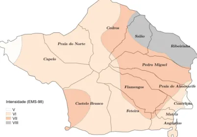 Fig. 2 – Distribuição de intensidades macrossísmicas registadas na ilha do Faial   durante o terramoto de 9 de julho de 1998