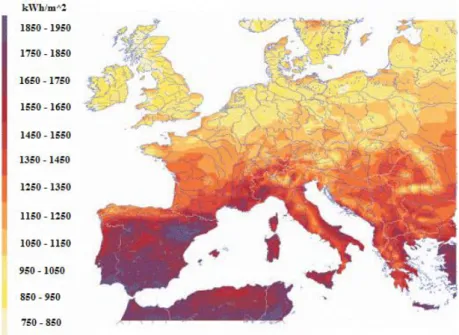Figura nº 2.2: Irradiação na Europa. (Fonte: Portal das energias renováveis) 
