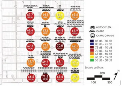 Figura 14: Mapa com resultados dos níveis de pressão sonora em cada ponto da malha   Tabela 01: Níveis de pressão sonora noturnos, em frente as igrejas em funcionamento 